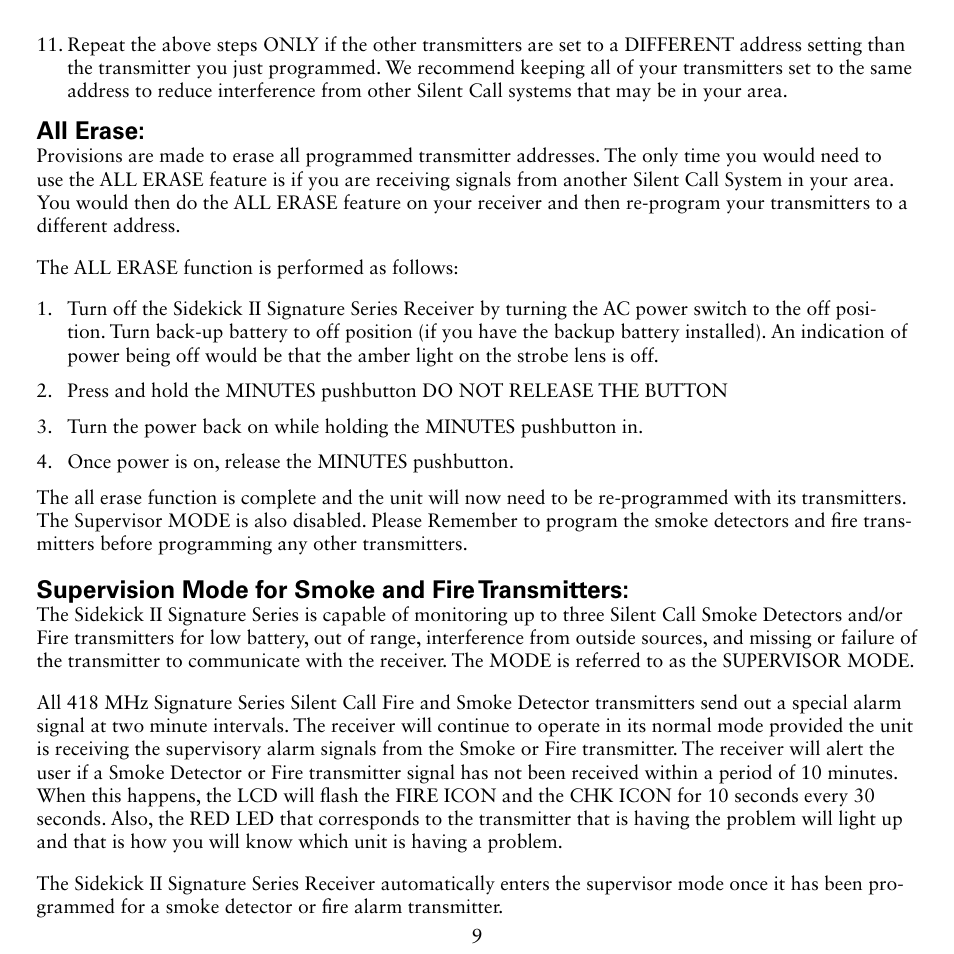 All erase, Supervision mode for smoke and fire transmitters | Silent Call SK2-SS User Manual | Page 9 / 12