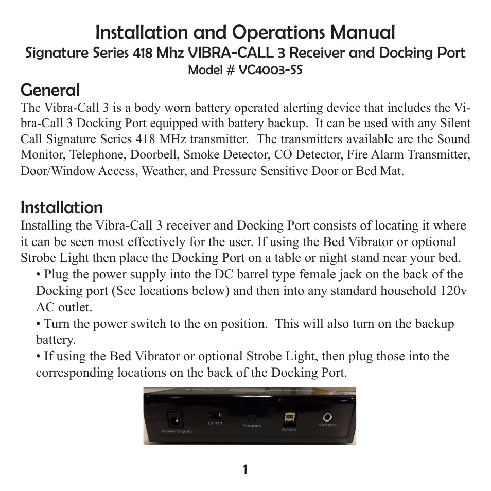 Installation and operations manual, General, Installation | Silent Call VC4003-SS User Manual | Page 2 / 8