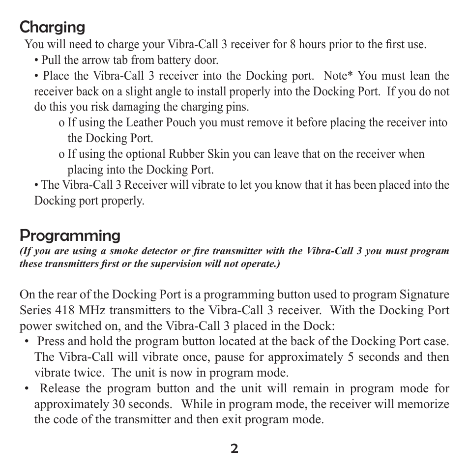 Charging, Programming | Silent Call VC4003-SS User Manual | Page 3 / 8