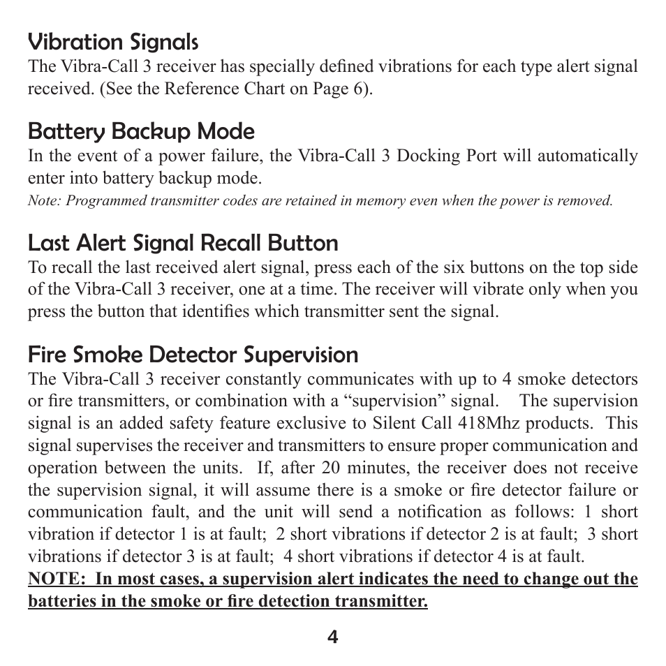 Vibration signals, Battery backup mode, Last alert signal recall button | Fire smoke detector supervision | Silent Call VC4003-SS User Manual | Page 5 / 8