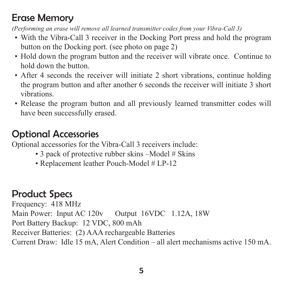 Optional accessories, Product specs | Silent Call VC4003-SS User Manual | Page 6 / 8