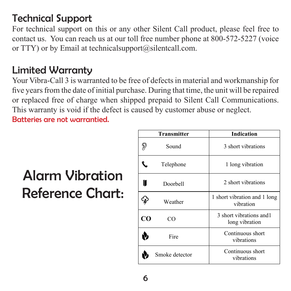 Alarm vibration reference chart, Technical support, Limited warranty | Silent Call VC4003-SS User Manual | Page 7 / 8