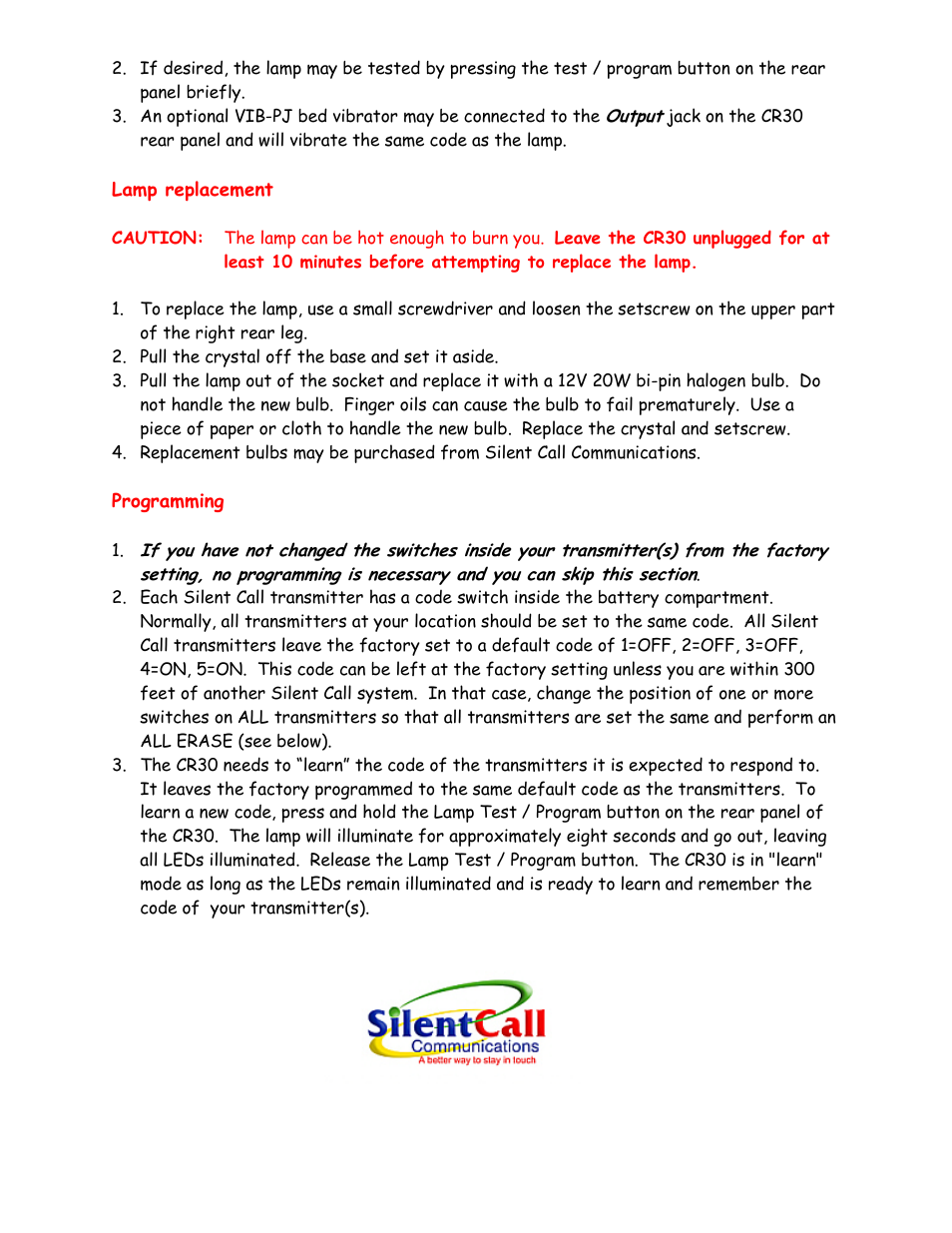 Lamp replacement, Programming | Silent Call CR30 User Manual | Page 2 / 3