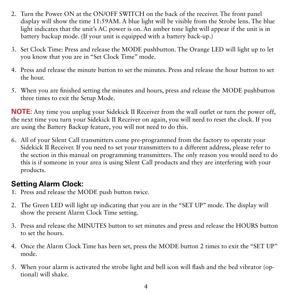 Setting alarm clock | Silent Call SK09214-2 User Manual | Page 4 / 12