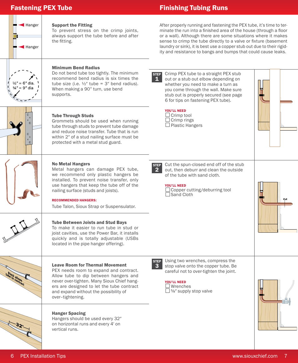 Fastening pex tube, Finishing tubing runs | Sioux Chief PEX F2159 User Manual | Page 6 / 6