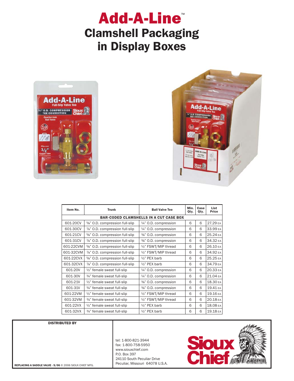 Add-a-line, Clamshell packaging in display boxes | Sioux Chief Full-Slip Valve Tee - Add-A-Line User Manual | Page 2 / 2