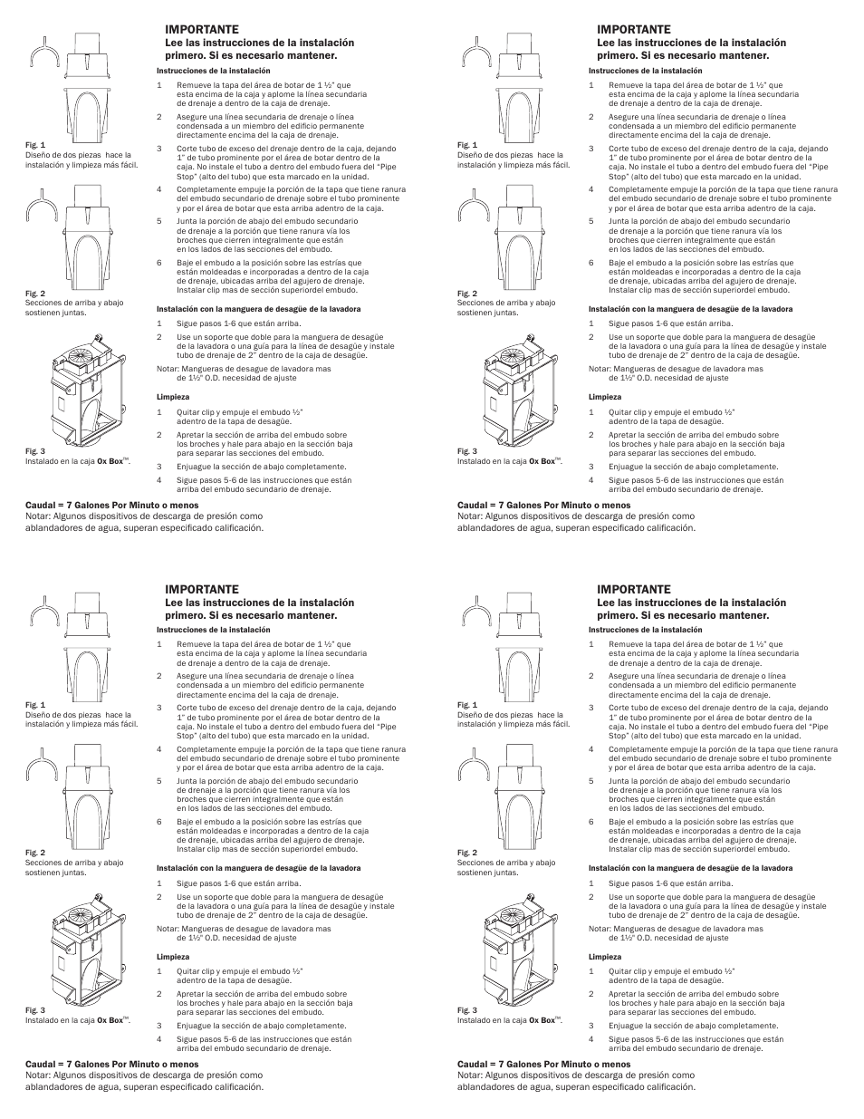 Importante | Sioux Chief Secondary Drain Funnel User Manual | Page 2 / 2