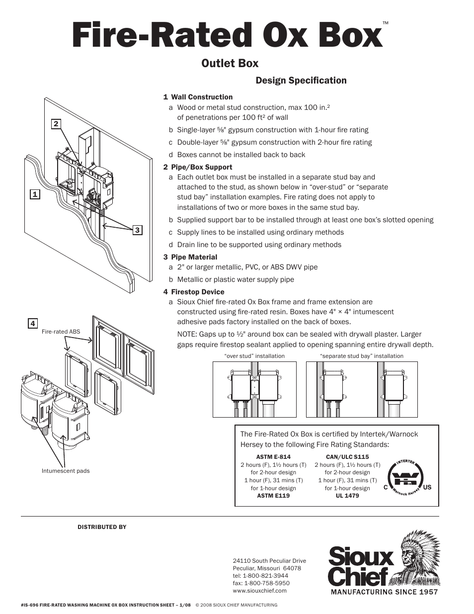 Fire-rated ox box, Outlet box, Design specification | Sioux Chief OxBox Fire-Rated Washing Machine Outlet Box User Manual | Page 2 / 2