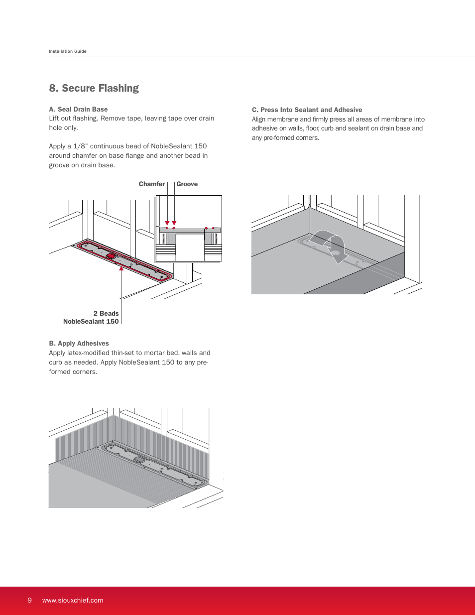 Secure flashing | Sioux Chief Linear Shower Drain - StreamLine User Manual | Page 10 / 16