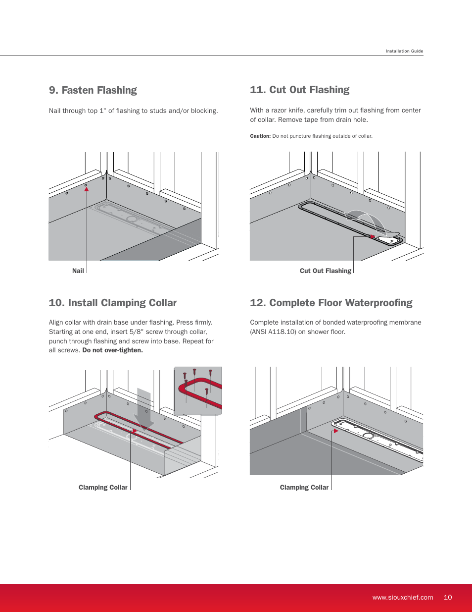 Install clamping collar, Complete floor waterproofing, Cut out flashing | Fasten flashing | Sioux Chief Linear Shower Drain - StreamLine User Manual | Page 11 / 16