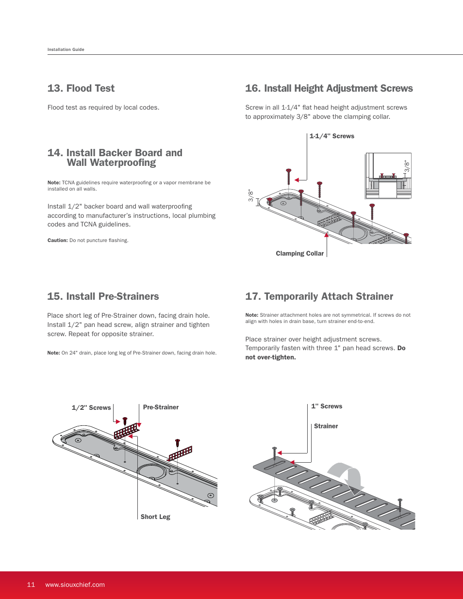 Install backer board and wall waterproofing, Flood test, Install pre-strainers | Install height adjustment screws, Temporarily attach strainer | Sioux Chief Linear Shower Drain - StreamLine User Manual | Page 12 / 16