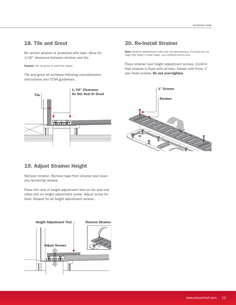 Re-install strainer, Adjust strainer height, Tile and grout | Sioux Chief Linear Shower Drain - StreamLine User Manual | Page 13 / 16