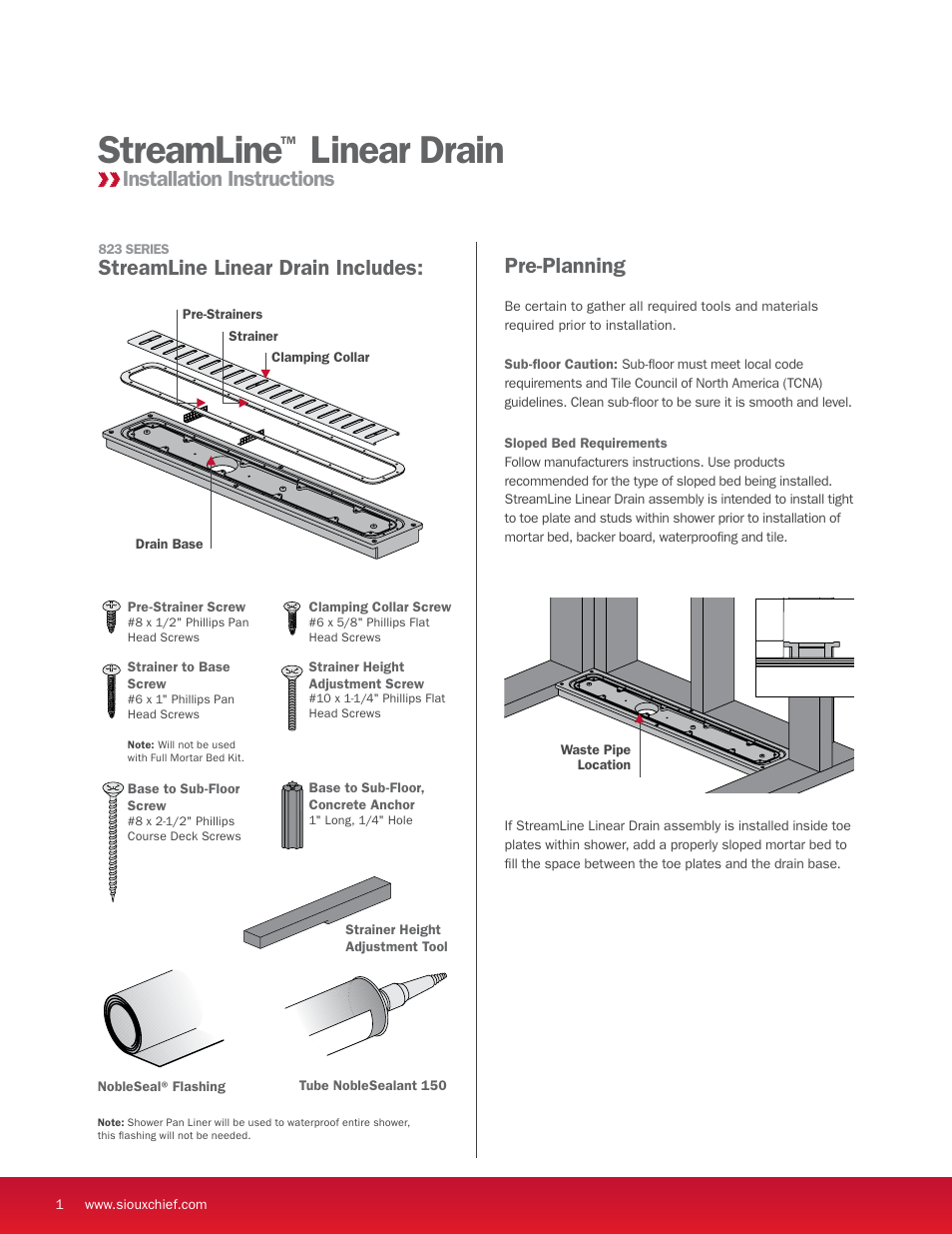 Streamline linear drain, Pre-planning, Streamline linear drain includes | Installation instructions | Sioux Chief Linear Shower Drain - StreamLine User Manual | Page 2 / 16
