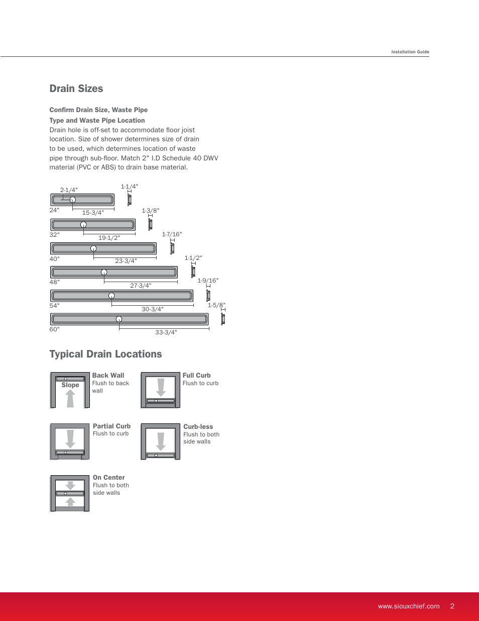 Drain sizes, Typical drain locations | Sioux Chief Linear Shower Drain - StreamLine User Manual | Page 3 / 16