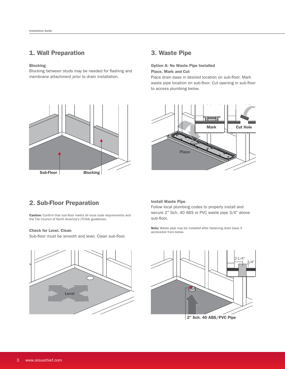 Wall preparation, Sub-floor preparation, Waste pipe | Sioux Chief Linear Shower Drain - StreamLine User Manual | Page 4 / 16