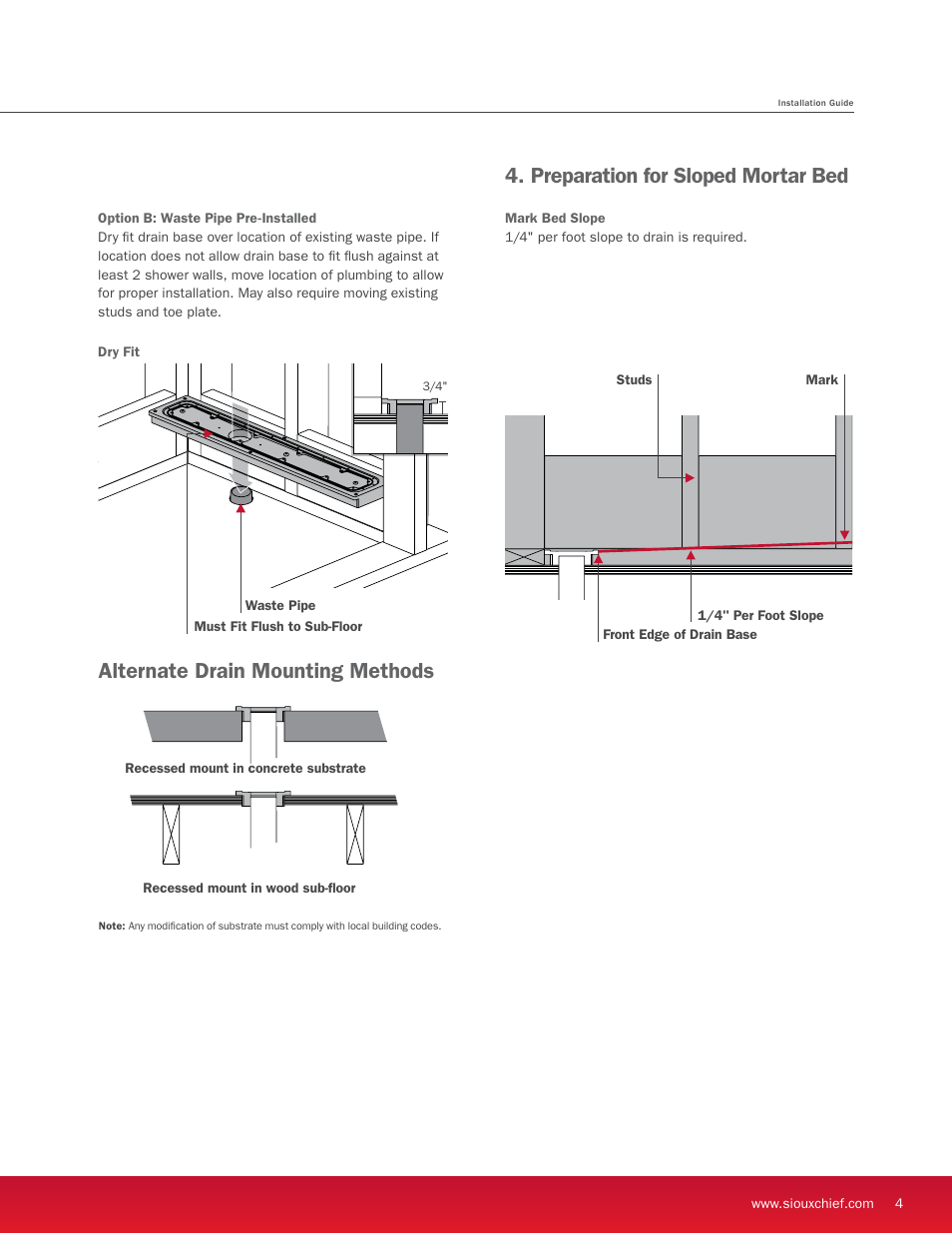 Alternate drain mounting methods, Preparation for sloped mortar bed | Sioux Chief Linear Shower Drain - StreamLine User Manual | Page 5 / 16