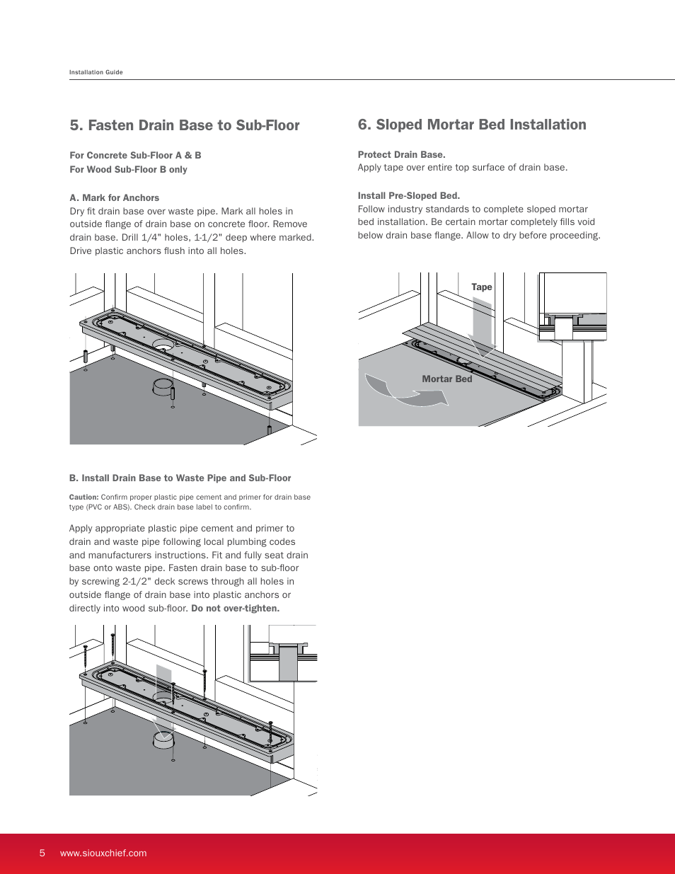 Fasten drain base to sub-floor, Sloped mortar bed installation | Sioux Chief Linear Shower Drain - StreamLine User Manual | Page 6 / 16