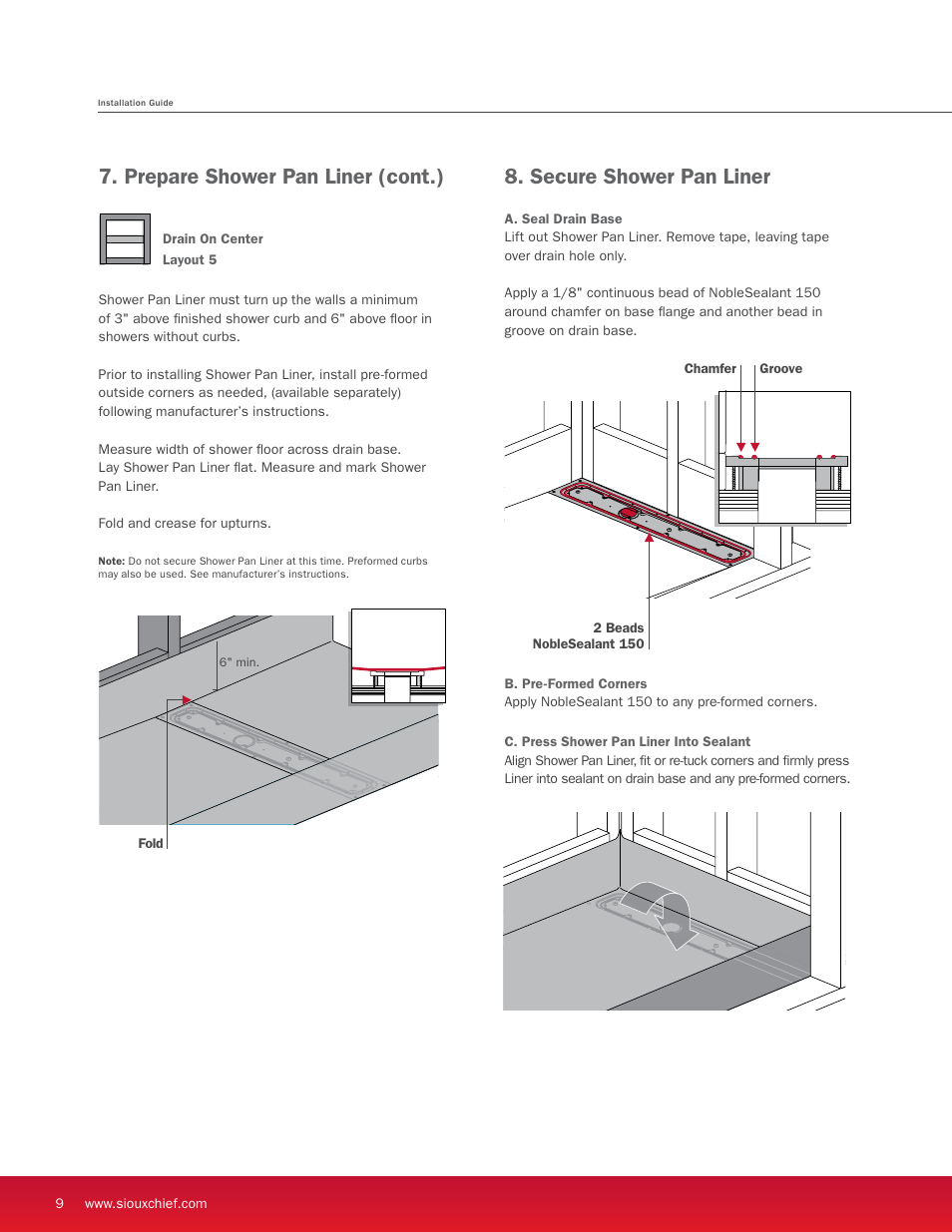 Secure shower pan liner, Prepare shower pan liner (cont.) | Sioux Chief Linear Shower Drain - StreamLine - Full Mortar Bed User Manual | Page 10 / 16