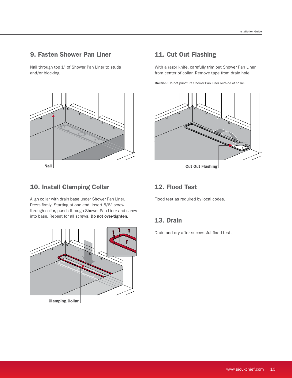 Install clamping collar, Cut out flashing, Flood test | Drain, Fasten shower pan liner | Sioux Chief Linear Shower Drain - StreamLine - Full Mortar Bed User Manual | Page 11 / 16
