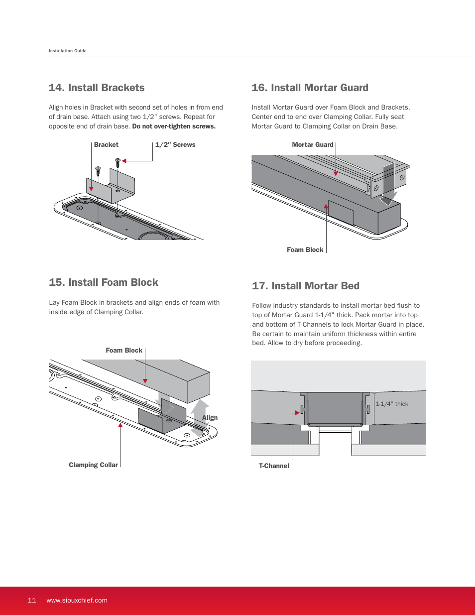 Install mortar bed, Install mortar guard, Install brackets | Install foam block | Sioux Chief Linear Shower Drain - StreamLine - Full Mortar Bed User Manual | Page 12 / 16