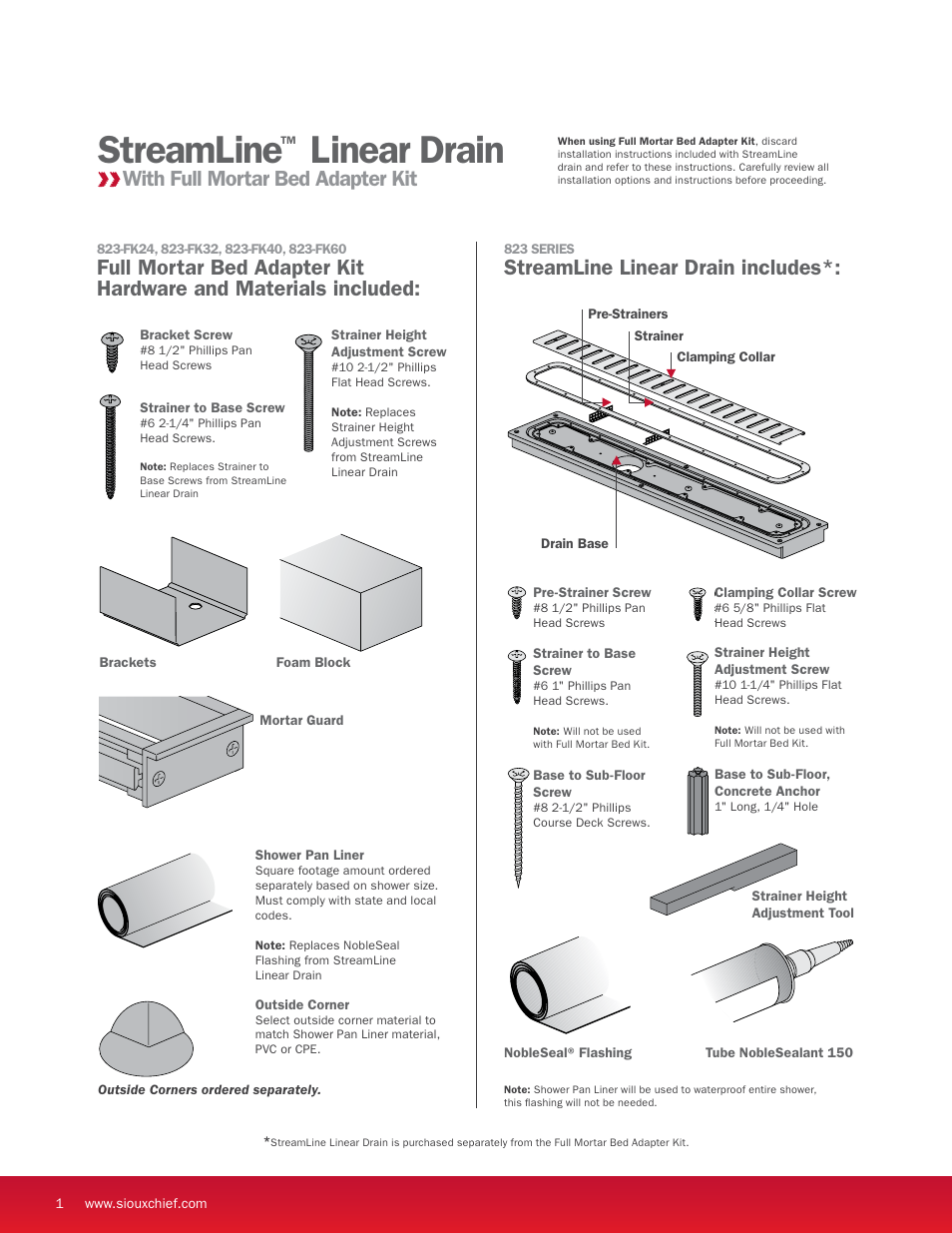 Streamline linear drain, Streamline linear drain includes, With full mortar bed adapter kit | Sioux Chief Linear Shower Drain - StreamLine - Full Mortar Bed User Manual | Page 2 / 16
