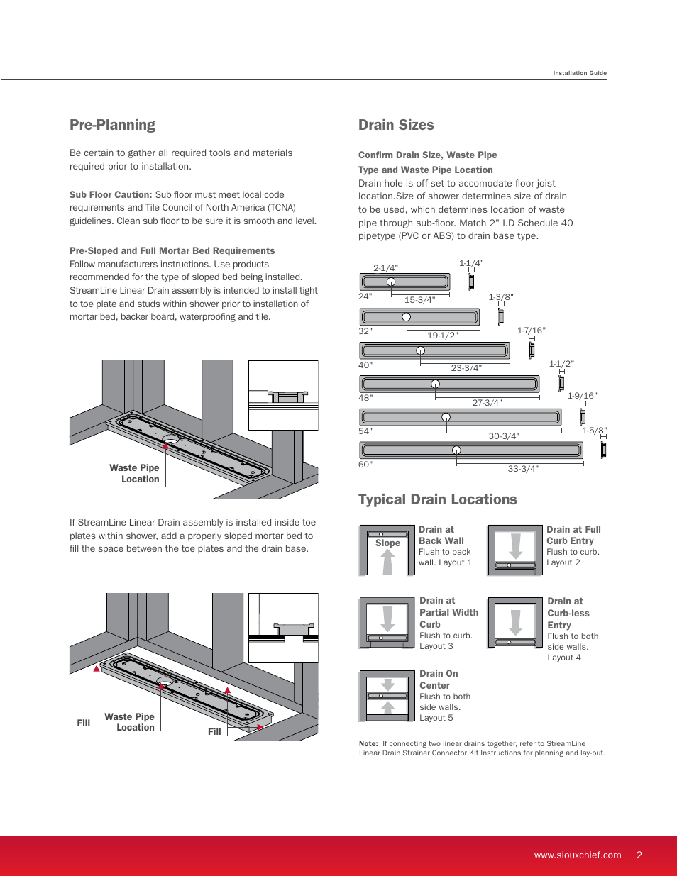 Drain sizes, Pre-planning, Typical drain locations | Sioux Chief Linear Shower Drain - StreamLine - Full Mortar Bed User Manual | Page 3 / 16