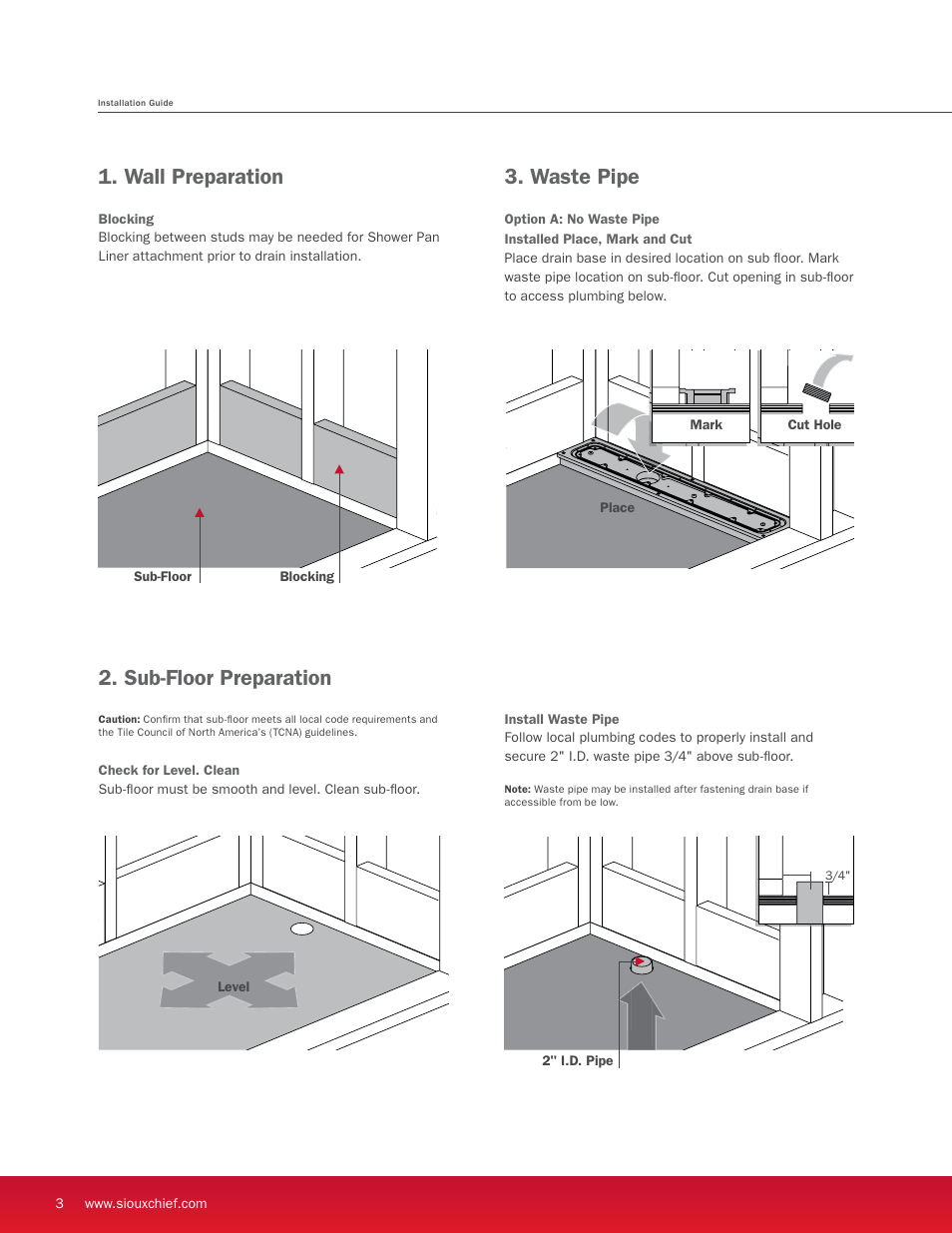 Wall preparation, Sub-floor preparation, Waste pipe | Sioux Chief Linear Shower Drain - StreamLine - Full Mortar Bed User Manual | Page 4 / 16