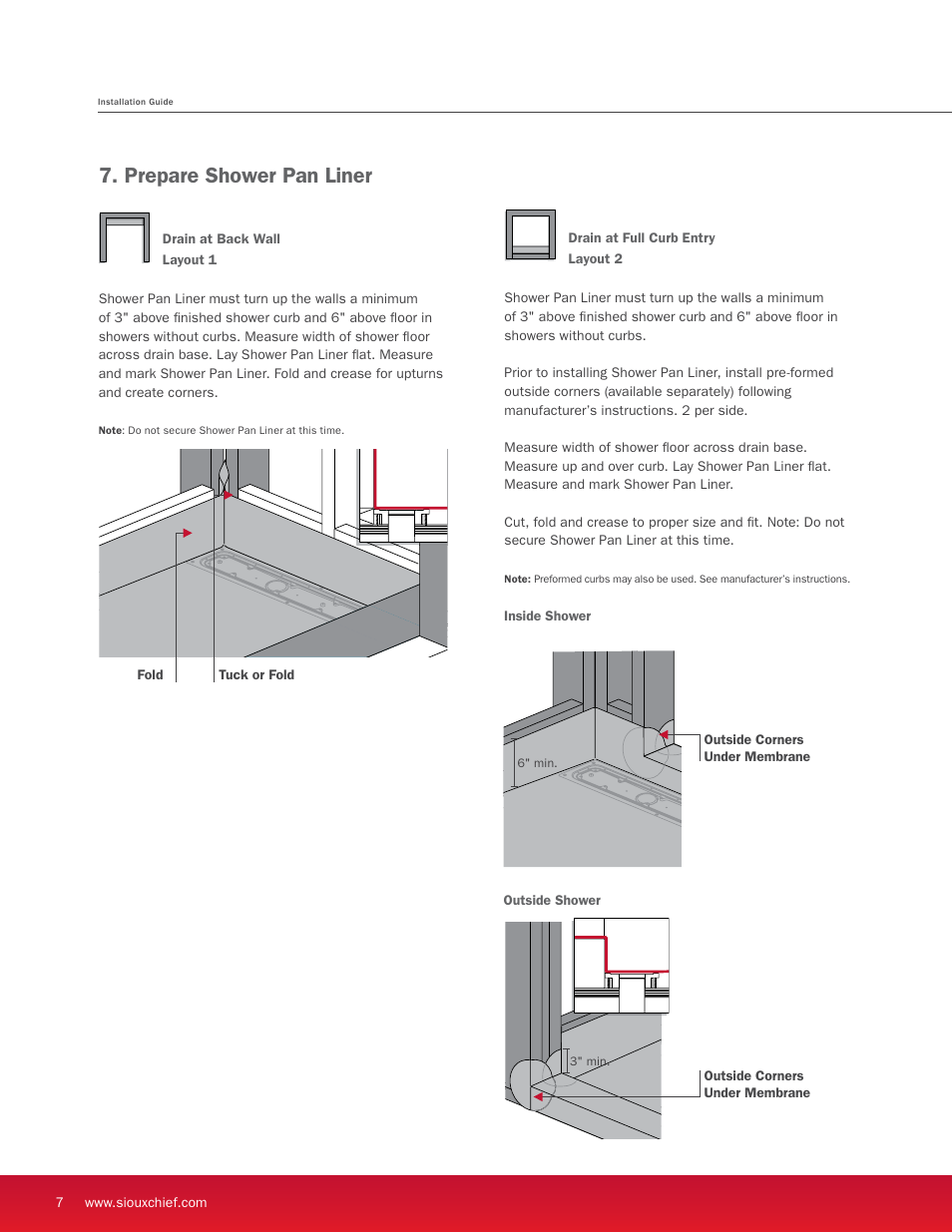 Prepare shower pan liner | Sioux Chief Linear Shower Drain - StreamLine - Full Mortar Bed User Manual | Page 8 / 16