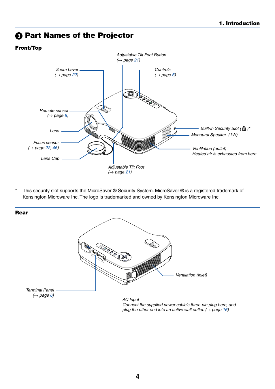 3) part names of the projector, Front/top, Rear | ᕣ part names of the projector, Introduction, Zoom lever, Page 22 ) controls, Page 21 ) adjustable tilt foot, Page 21 ) remote sensor, Page 8 ) ventilation (inlet) | Acoustic Energy LT35 User Manual | Page 12 / 72