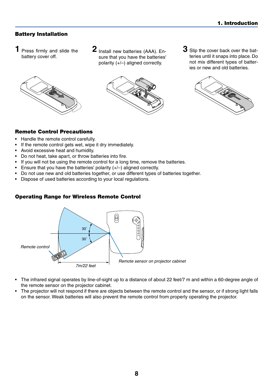 Battery installation, Remote control precautions, Operating range for wireless remote control | Acoustic Energy LT35 User Manual | Page 16 / 72