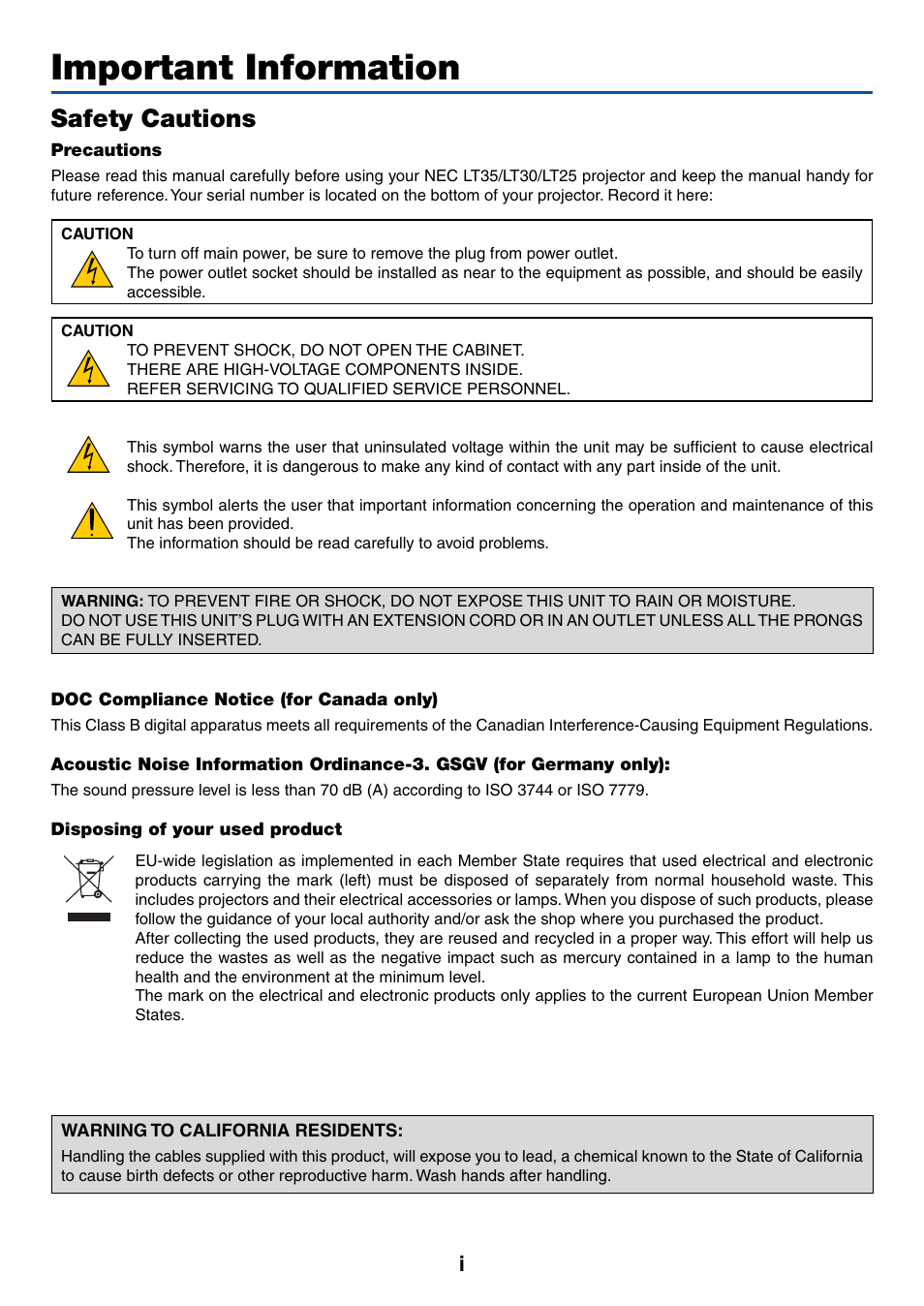 Important information, Safety cautions | Acoustic Energy LT35 User Manual | Page 3 / 72