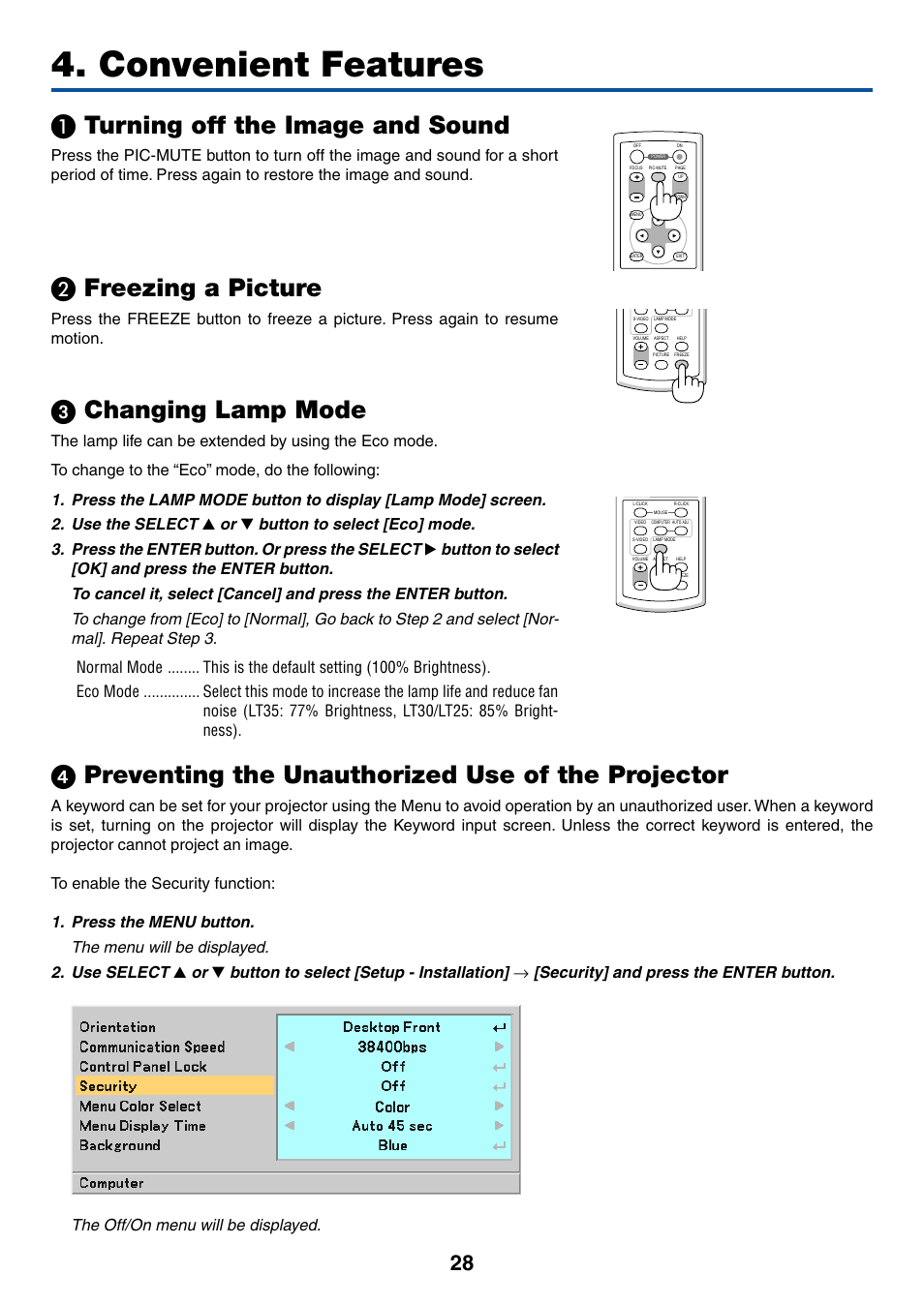 Convenient features, 1) turning off the image and sound, 2) freezing a picture | 3) changing lamp mode, Turning off the image and sound, Freezing a picture, ᕣ changing lamp mode, ᕤ preventing the unauthorized use of the projector, Button to select [setup - installation | Acoustic Energy LT35 User Manual | Page 36 / 72