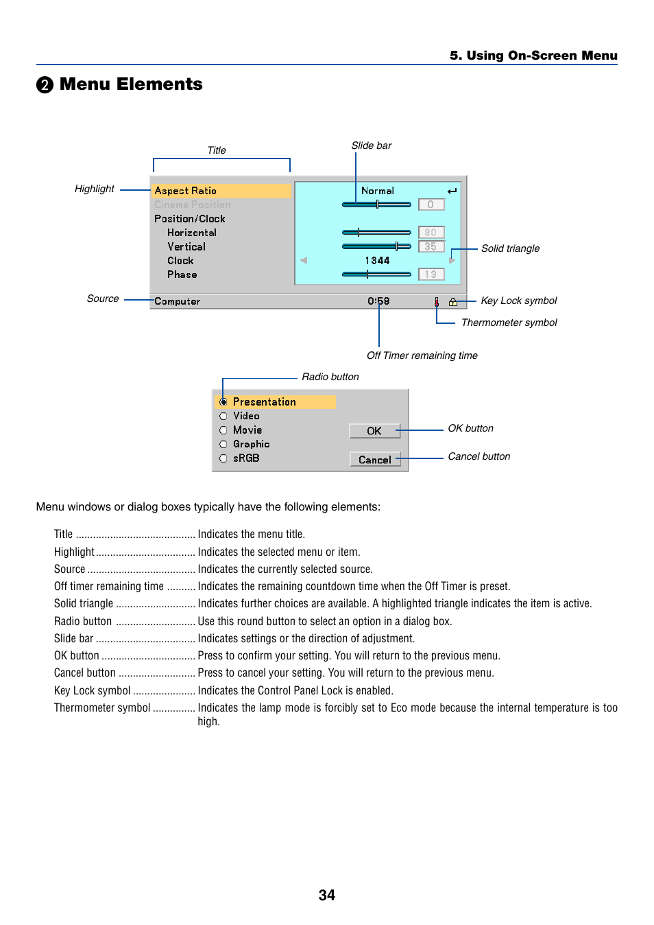 2) menu elements, Menu elements | Acoustic Energy LT35 User Manual | Page 42 / 72