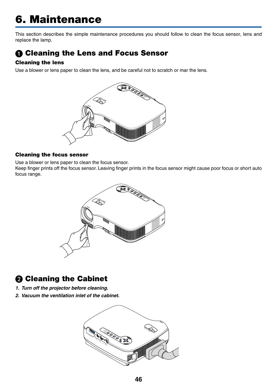 Maintenance, 1) cleaning the lens and focus sensor, Cleaning the lens | Cleaning the focus sensor, 2) cleaning the cabinet, ᕡ cleaning the lens and focus sensor, Cleaning the cabinet | Acoustic Energy LT35 User Manual | Page 54 / 72