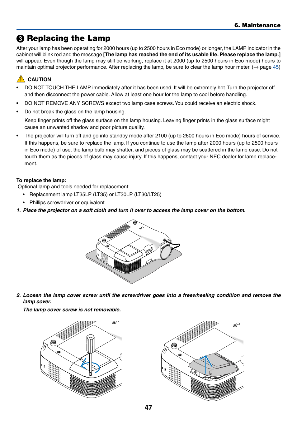 3) replacing the lamp, Replacing the lamp | Acoustic Energy LT35 User Manual | Page 55 / 72