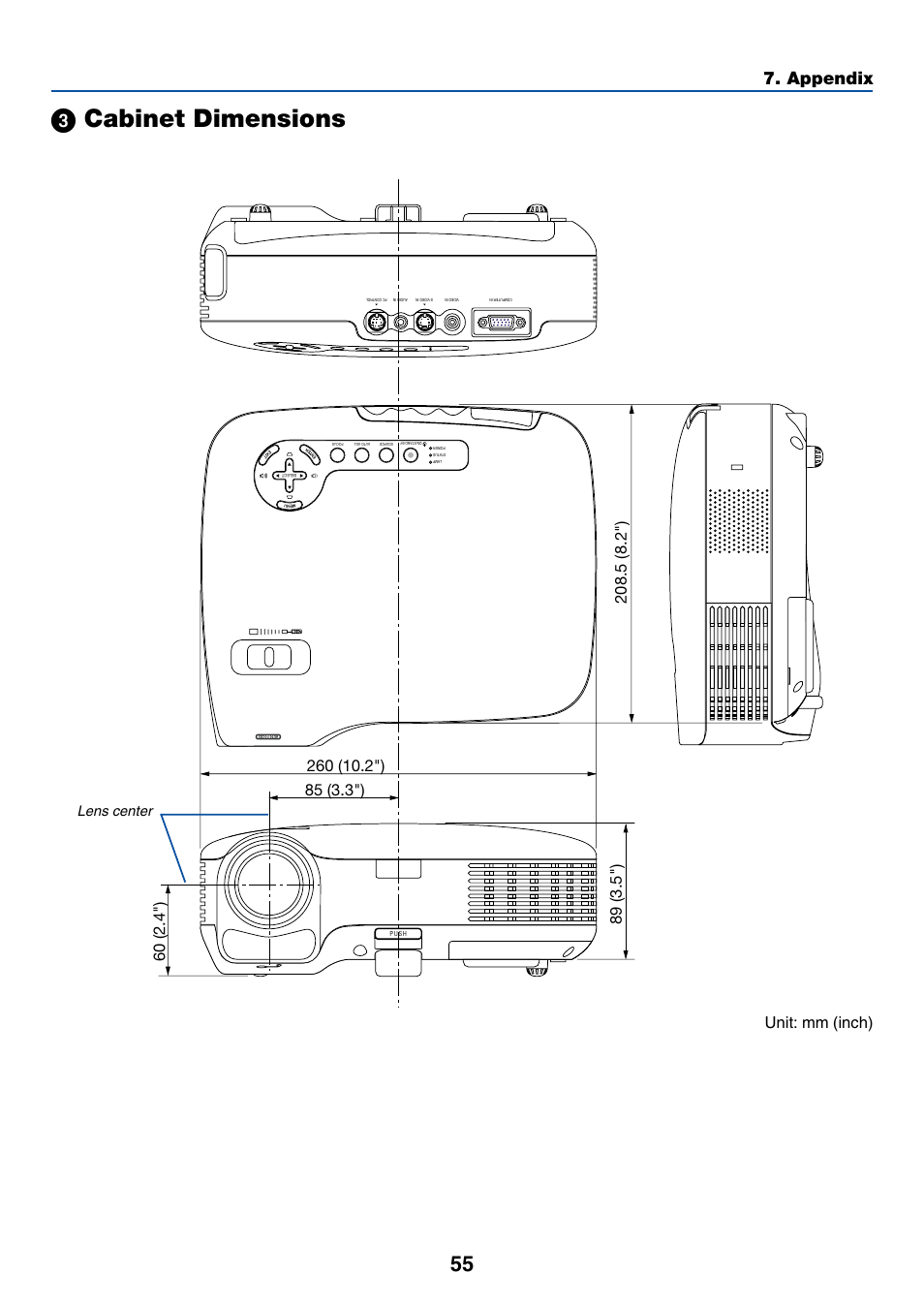 3) cabinet dimensions, ᕣ cabinet dimensions, Appendix | Unit: mm (inch), Lens center | Acoustic Energy LT35 User Manual | Page 63 / 72