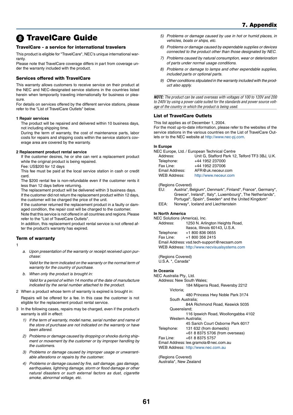 8) travelcare guide, ᕨ travelcare guide, Appendix | Acoustic Energy LT35 User Manual | Page 69 / 72