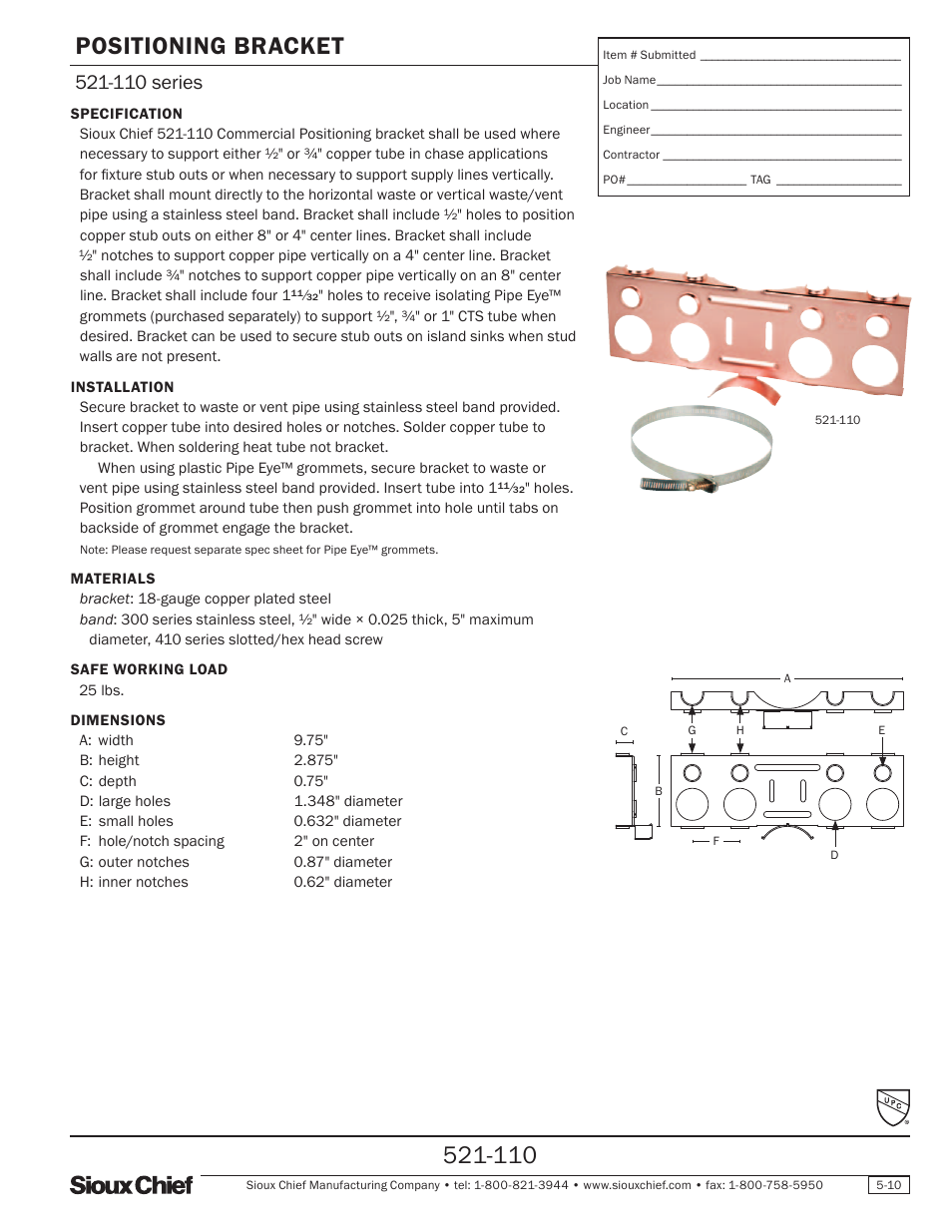 Sioux Chief 110 Series Positioning bracket User Manual | 1 page