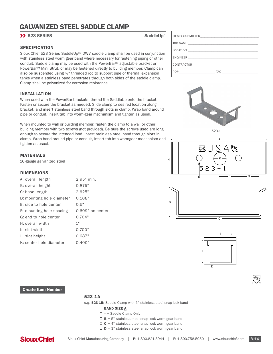 Sioux Chief 523 Series Galvanized Steel Saddle Clamp User Manual | 1 page