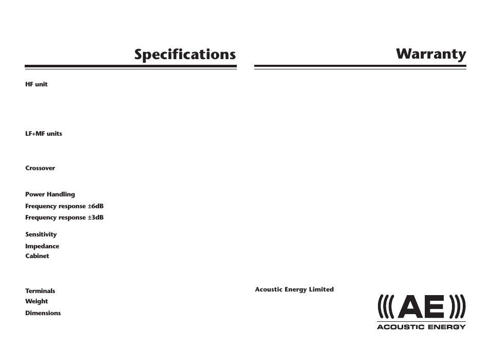 Specifications warranty | Acoustic Energy AELITE Centre User Manual | Page 4 / 4