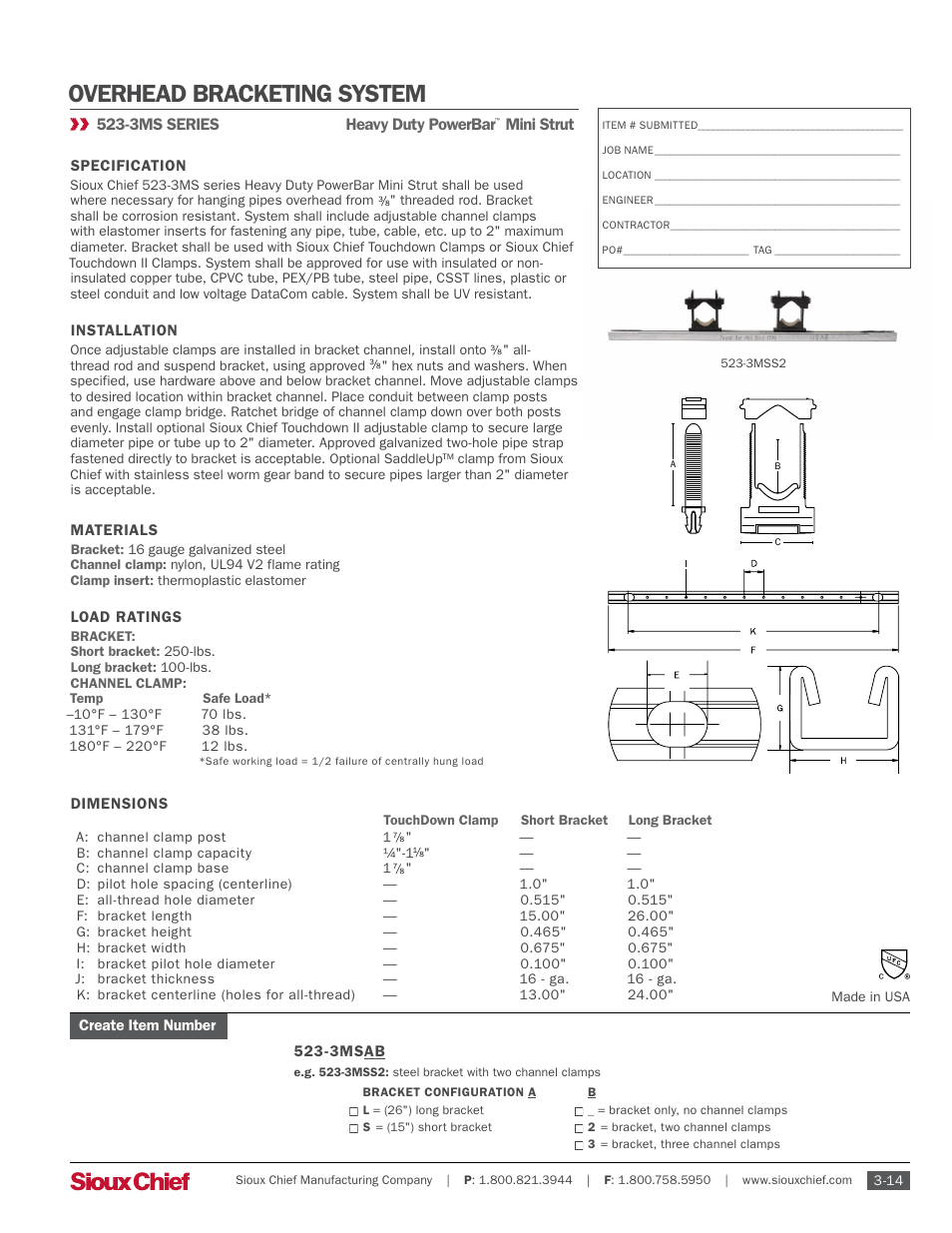 Sioux Chief 523-3MS Series Overhead Bracketing System User Manual | 1 page