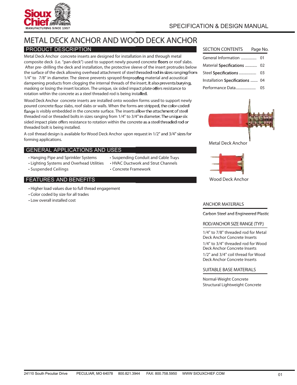 Metal deck anchor and wood deck anchor, Specification & design manual | Sioux Chief 544 Series Deck Anchors User Manual | Page 2 / 6