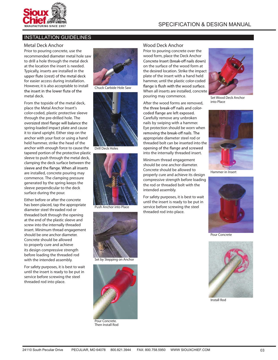 Specification & design manual, Wood deck anchor metal deck anchor, Installation guidelines | Sioux Chief 544 Series Deck Anchors User Manual | Page 4 / 6