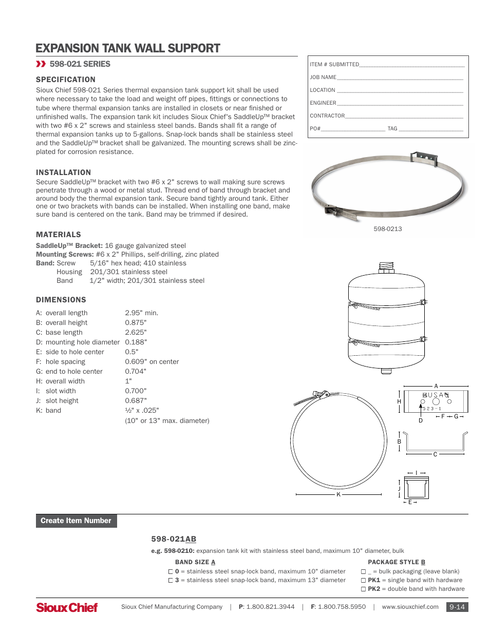 Sioux Chief 598-021 Series Expansion Tank Wall Support User Manual | 1 page