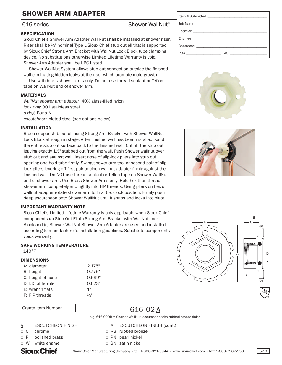 Sioux Chief 616 Series Shower Arm Adapter Shower WallNut User Manual | 1 page