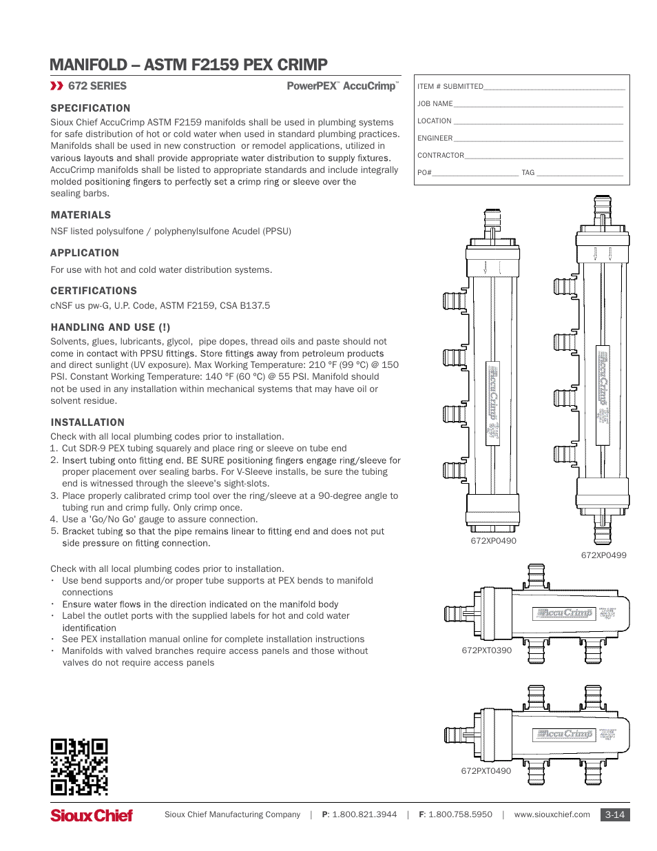 Sioux Chief 672 Series ASTM F2159 Manifolds Accucrimp User Manual | 1 page