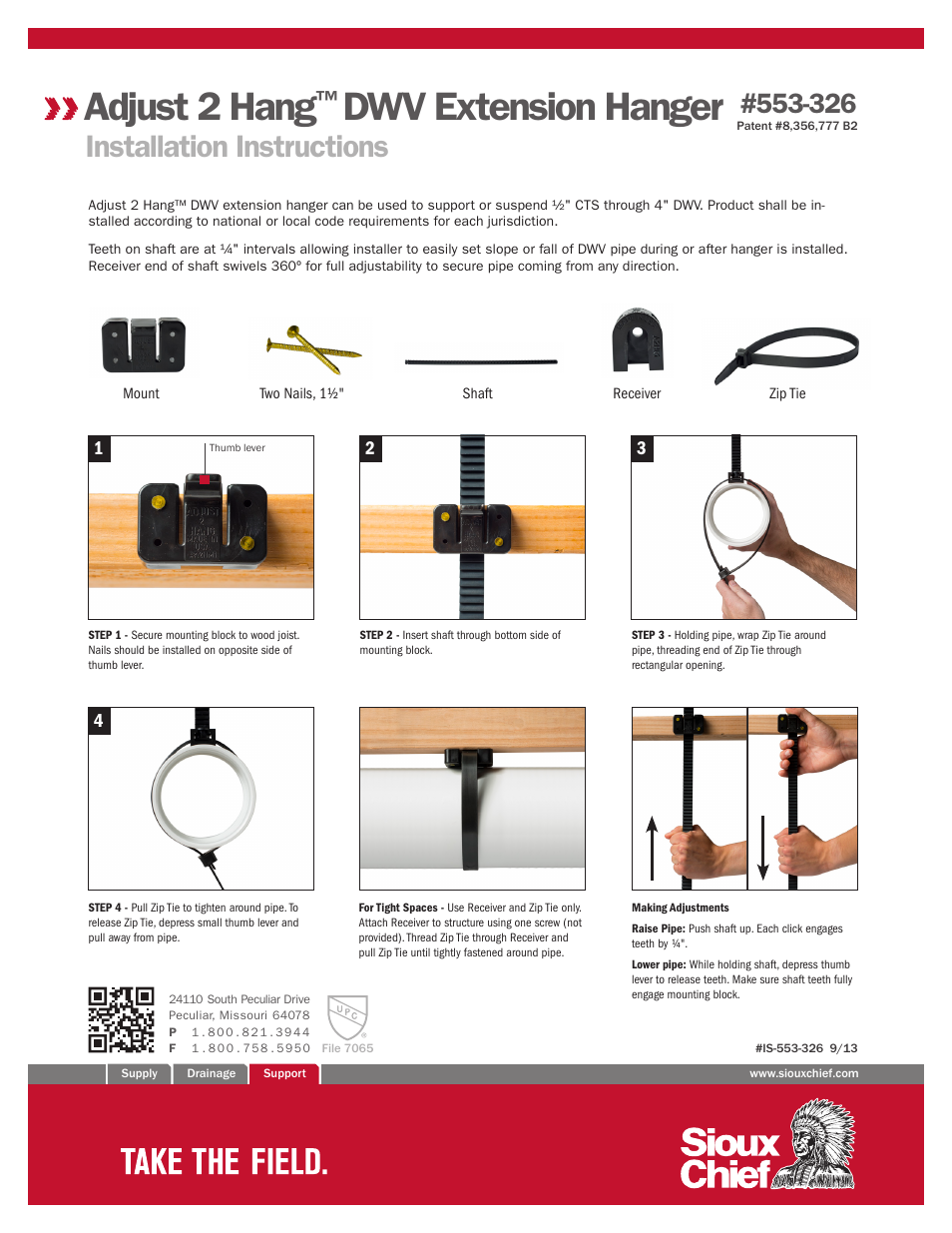 Sioux Chief DWV Extension Hanger - Adjust 2 Hang User Manual | 2 pages