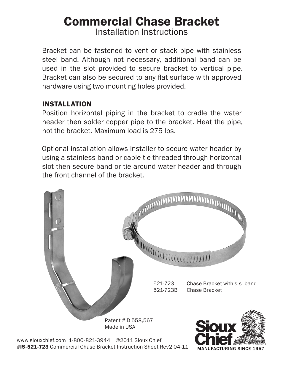 Sioux Chief Chase Bracket User Manual | 1 page