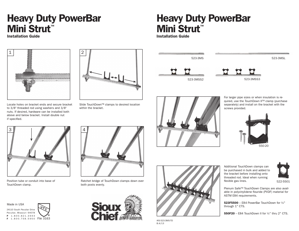 Sioux Chief Steel Support Bracket Heavy Duty PowerBar Mini Strut User Manual | 1 page