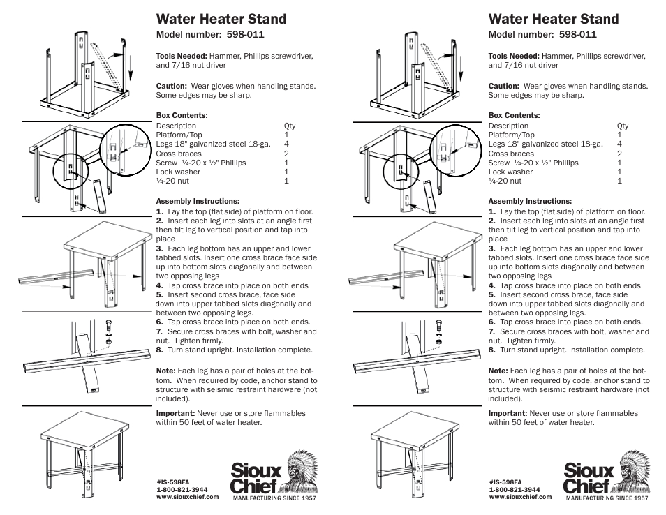 Sioux Chief Water Heater Stand User Manual | 1 page